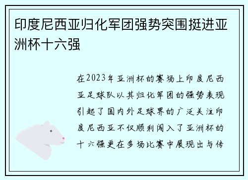 印度尼西亚归化军团强势突围挺进亚洲杯十六强 印度尼西亚归化军团强势突围挺进亚洲杯十六强